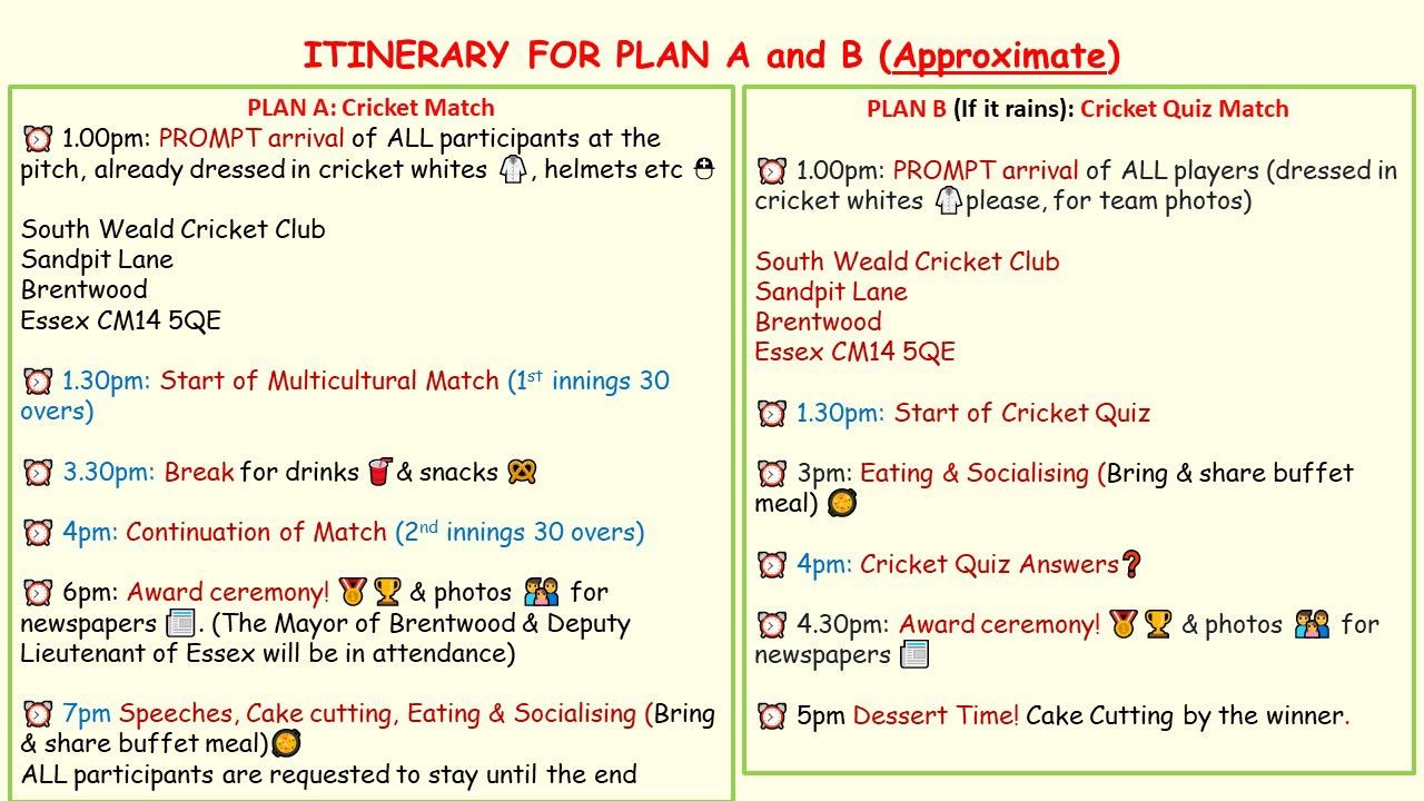 cricket match itinerary